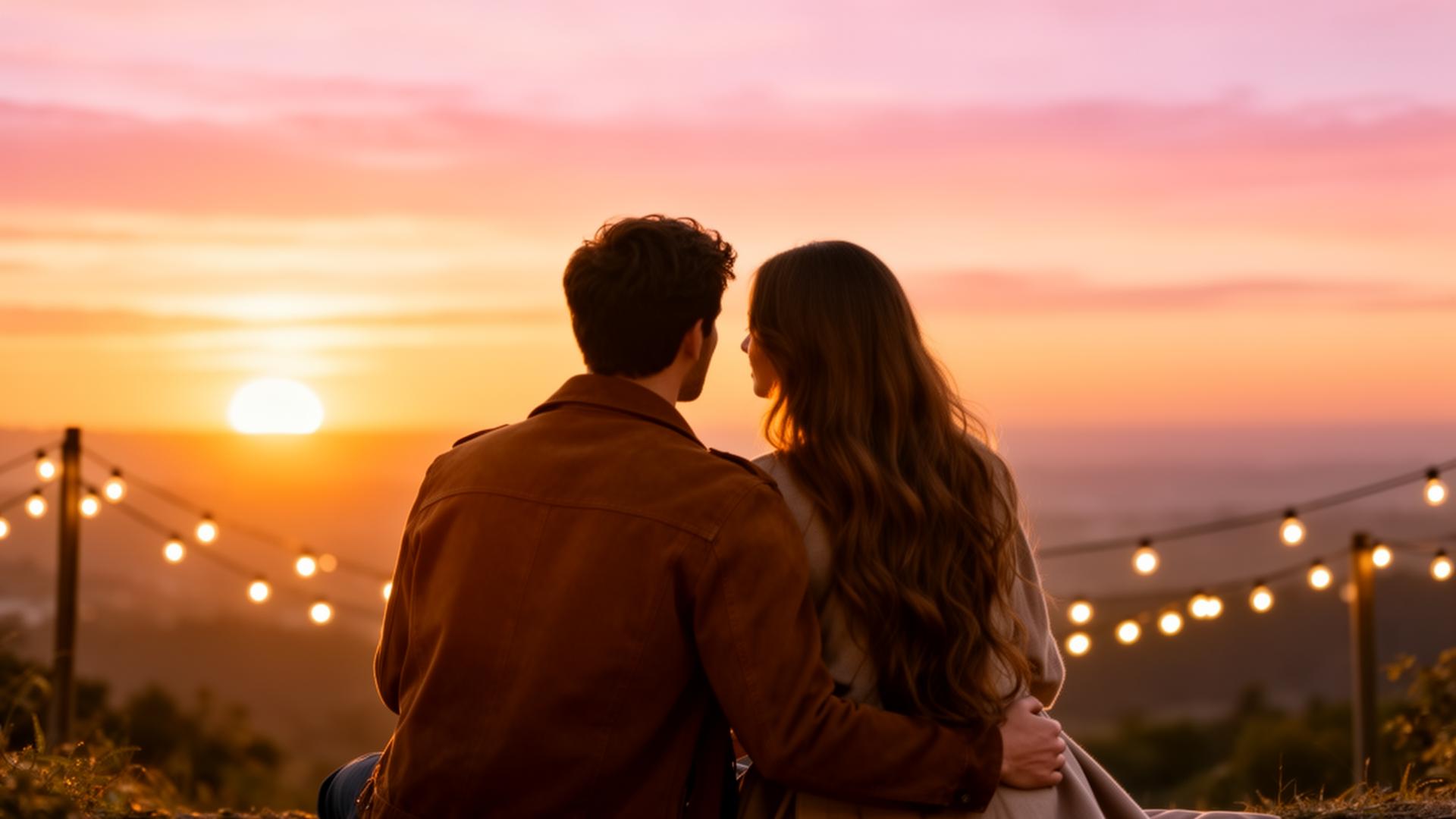 Casal em momento romântico ao pôr do sol